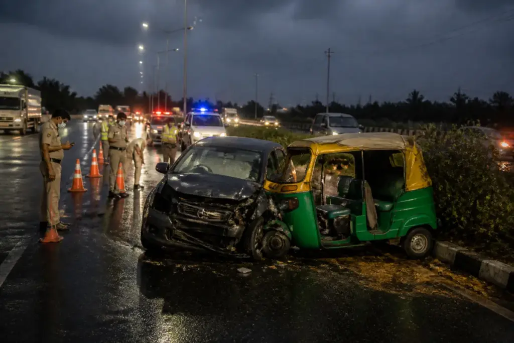 Gujarat road accidents on a highway with emergency responders and damaged vehicles