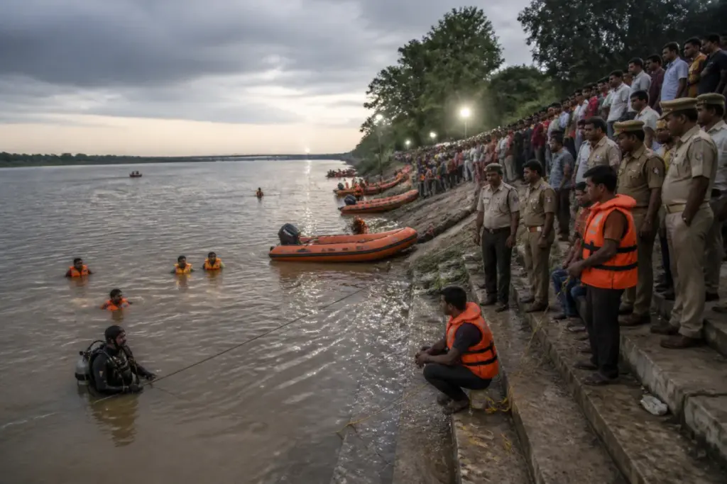 Rescue teams search a river ghat after the Gonda idol immersion tragedy in Uttar Pradesh