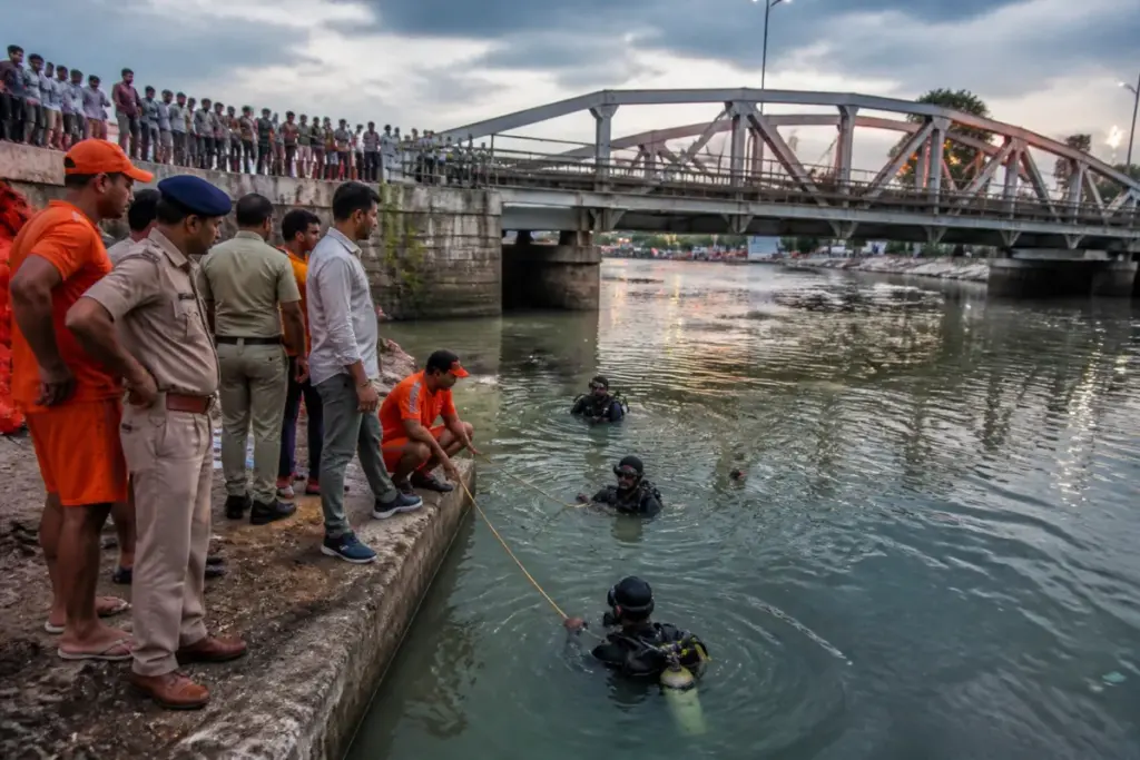 Rescue teams search the Kota canal after a boat capsize during idol immersion.