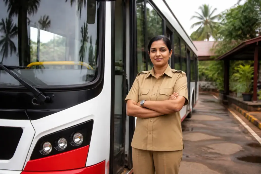 KTC female bus driver Pooja Vaigankar at a Goa public transport bus