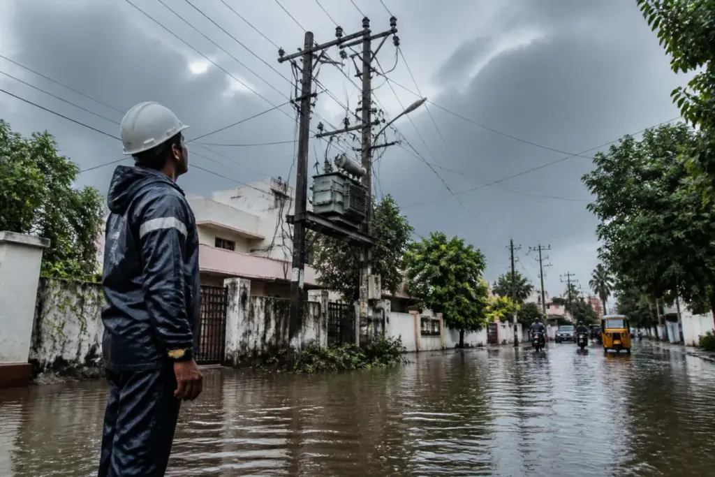 TNPDCL monsoon advisory warning near a rain-soaked electrical pole in Coimbatore