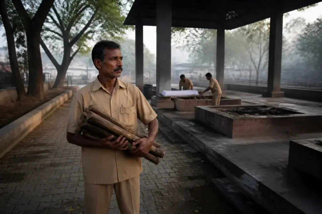 Unclaimed bodies Coimbatore: a municipal cremation ground with workers preparing for last rites