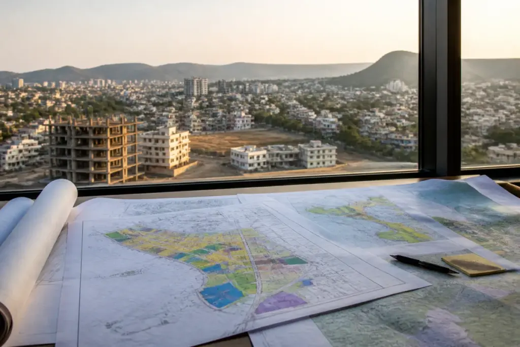 Bhopal master plan documents and expanding urban development viewed across the city