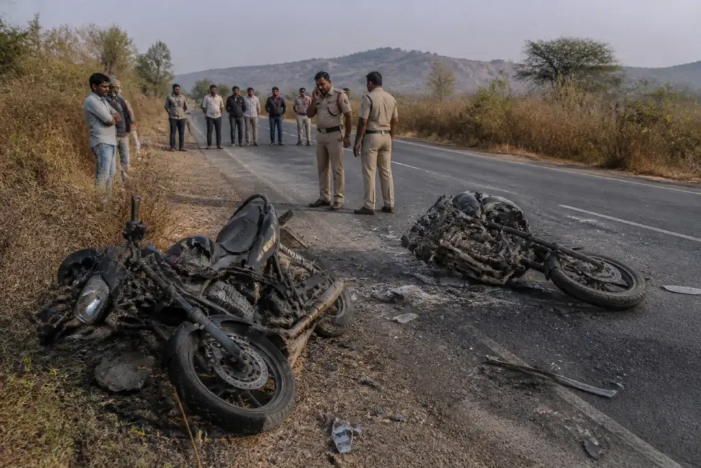 Damaged motorcycles after a fatal Dhar motorcycle crash on a rural road