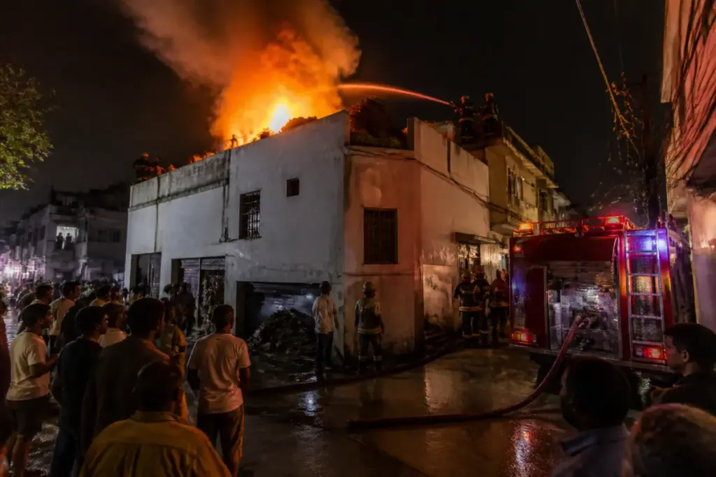 Firefighters contain an Indore rooftop fire near Transport Nagar after cracker sparks ignited waste.
