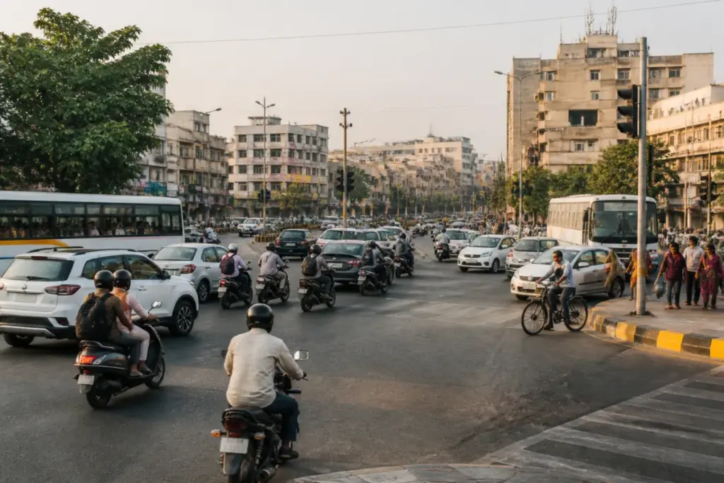 Nashik Junction Improvement Plan showing a busy urban intersection with traffic signals and pedestrians