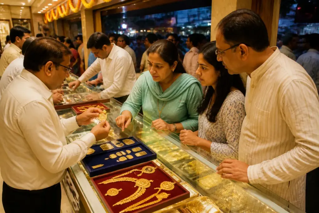 Nashik gold sales at a jewellery market during Dasara amid record gold prices