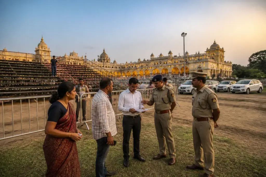 Mysuru Dasara Jamboo Savari preparations at Ambavilas Palace with barricades and spectator seating.