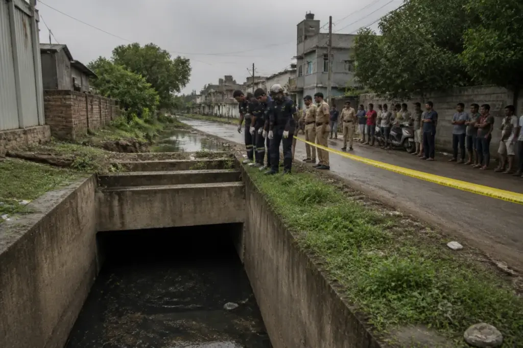Ahmedabad open drain near Piplaj where a missing girl was last seen after falling into the drainage line