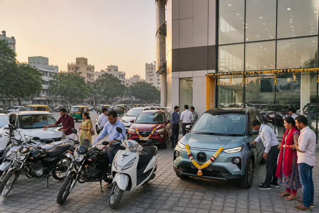 Gujarat vehicle sales with new cars and two-wheelers outside a festive city dealership