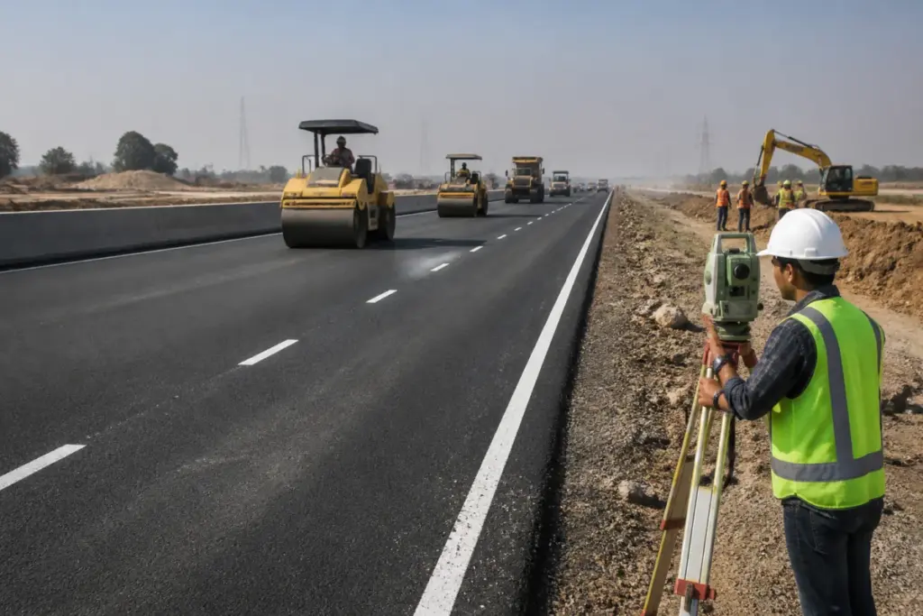 Highway EPC rules shown through an Indian expressway construction site with heavy machinery