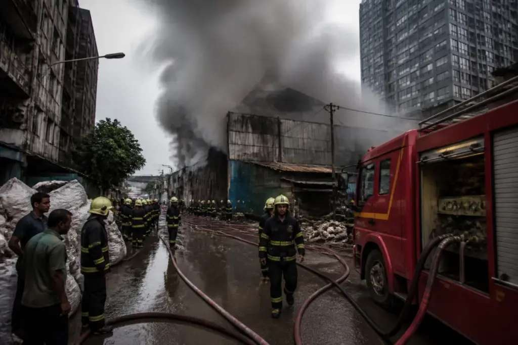 Firefighters responding to the Sakinaka fire at a scrap godown in Mumbai