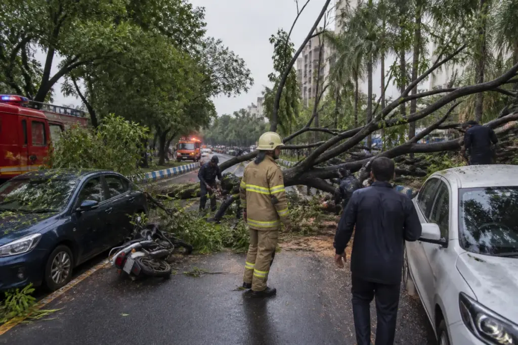 Thane tree fall blocking a road near Vartak Nagar after damaging vehicles