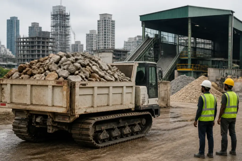 Mumbai C&D waste collection vehicles transporting construction debris to an authorised facility