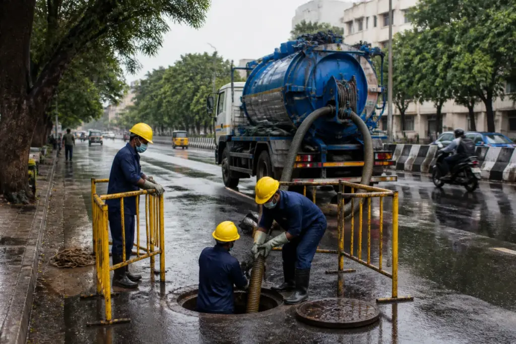 Chennai Metrowater workers clearing a sewer line on a city street