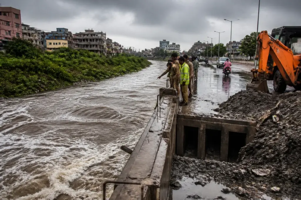 Chennai flood preparedness near a rain-swollen urban waterway and flooded residential road