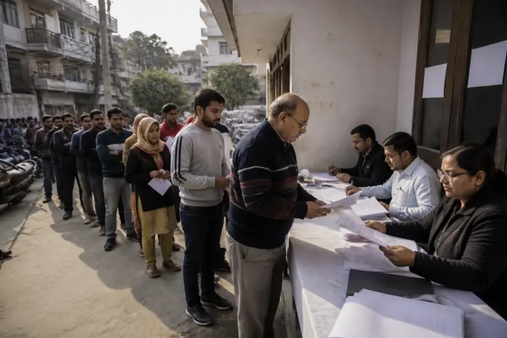 Delhi SIR voter verification meeting with citizens seeking inclusion in the electoral roll