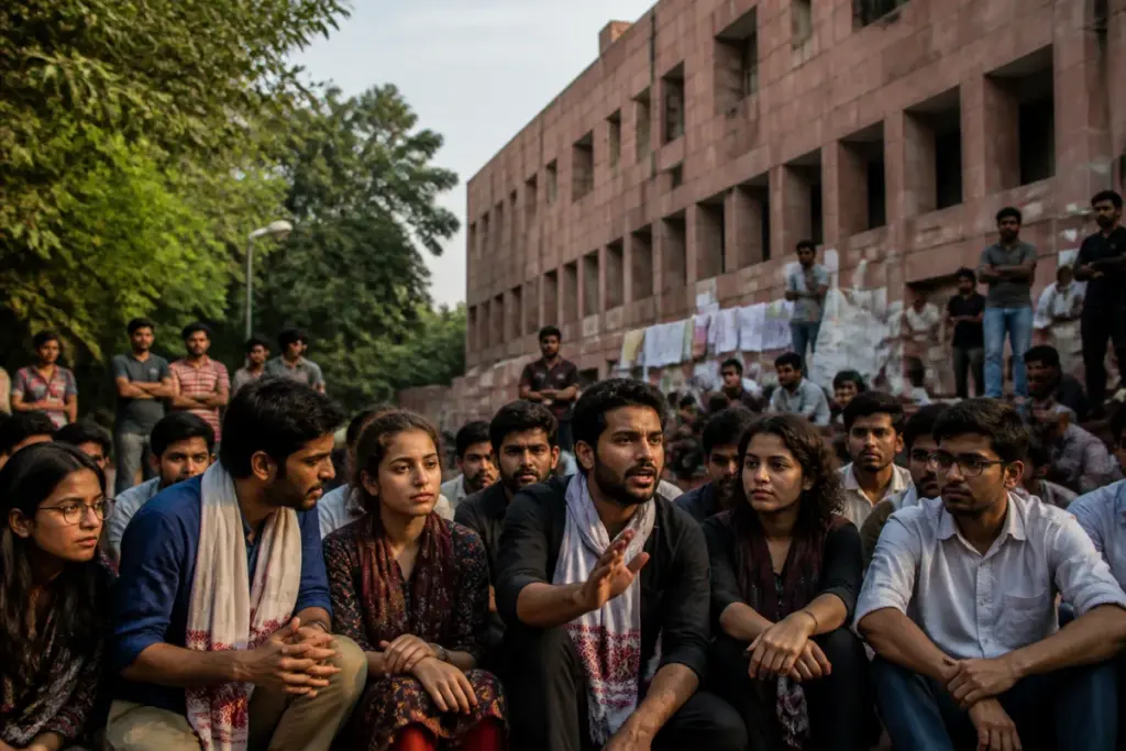 JNU protest leaders and students gathered on the Jawaharlal Nehru University campus in Delhi