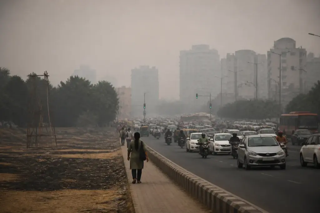 Delhi AQI forecast showing hazy city streets and reduced visibility after Dussehra