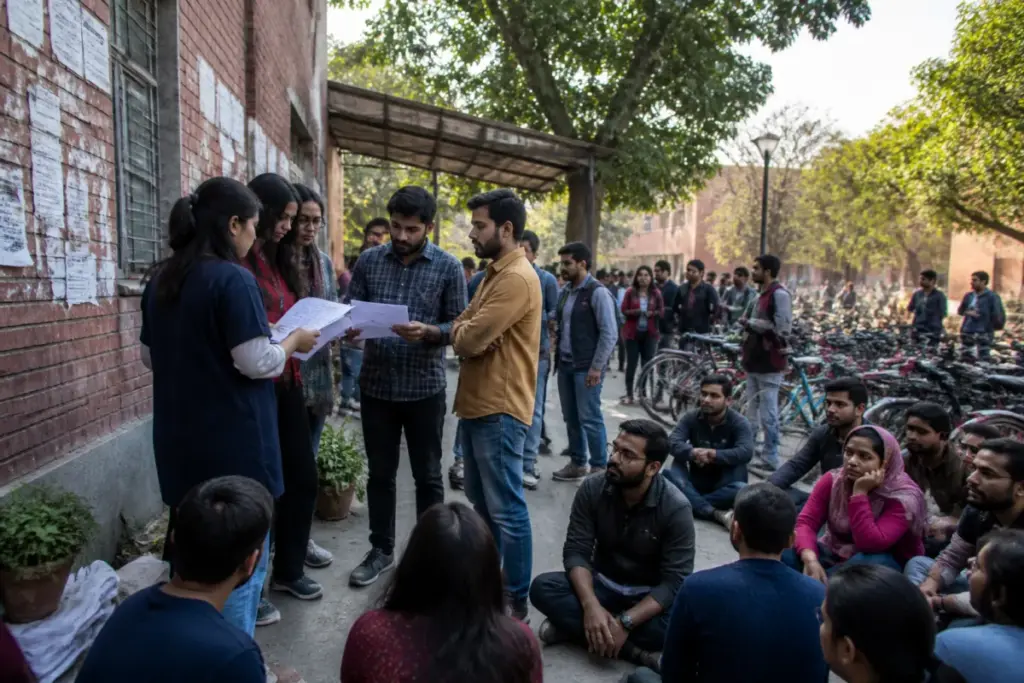 JNU hunger strike ends as students gather near a university campus building in New Delhi