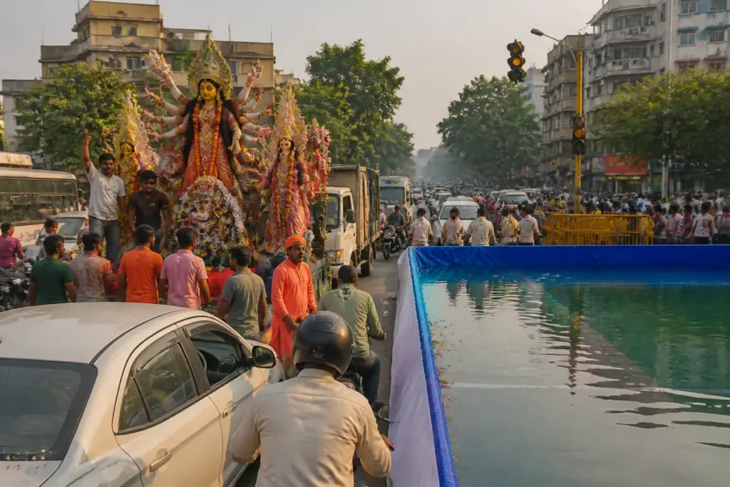 Delhi traffic advisory near a busy road during a Durga idol immersion procession