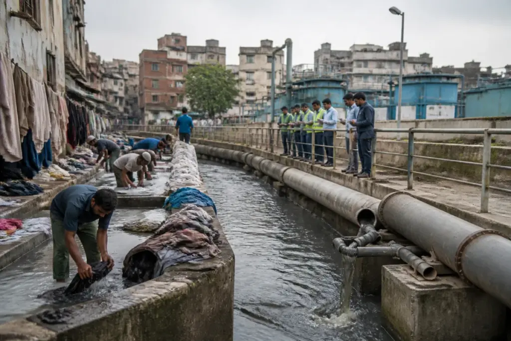Yamuna pollution crackdown near an Old Delhi dhobi ghat with wastewater drains and civic officials