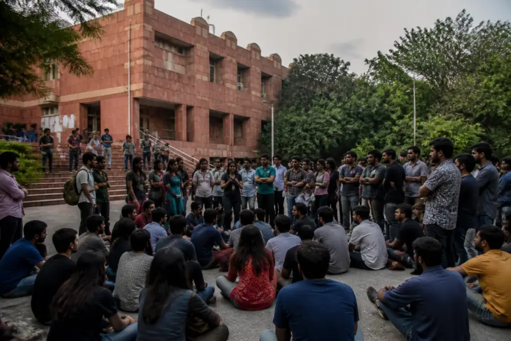 JNU student protest near a university campus building in New Delhi