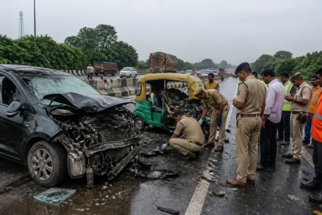 Gujarat road accidents on a highway with emergency responders and damaged vehicles