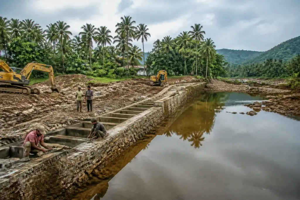 Canacona bandharas being built across a river to retain freshwater in Goa