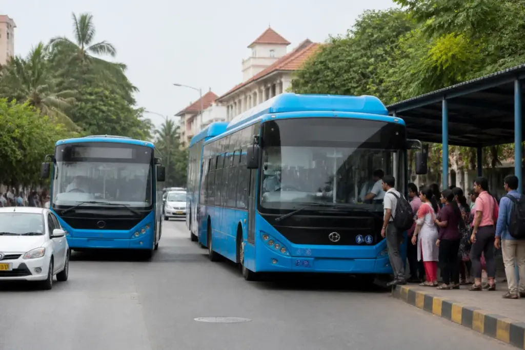 KTC buses operating on a Goa road amid a dispute over the KTC staff strike