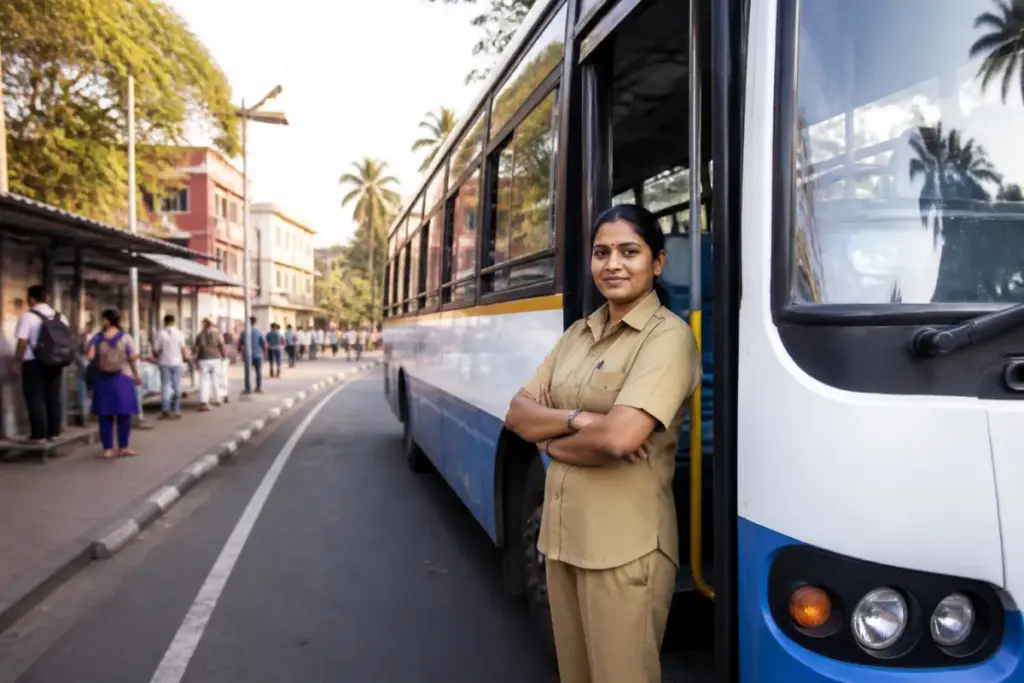 KTC first woman bus driver Pooja Vaigankar at a Goa public transport bus