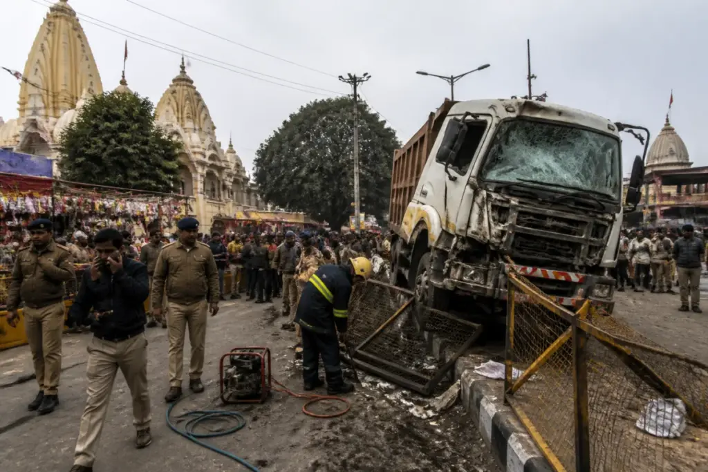 Police and emergency vehicles near the Sheetla Mata Temple site after the Gwalior temple tragedy