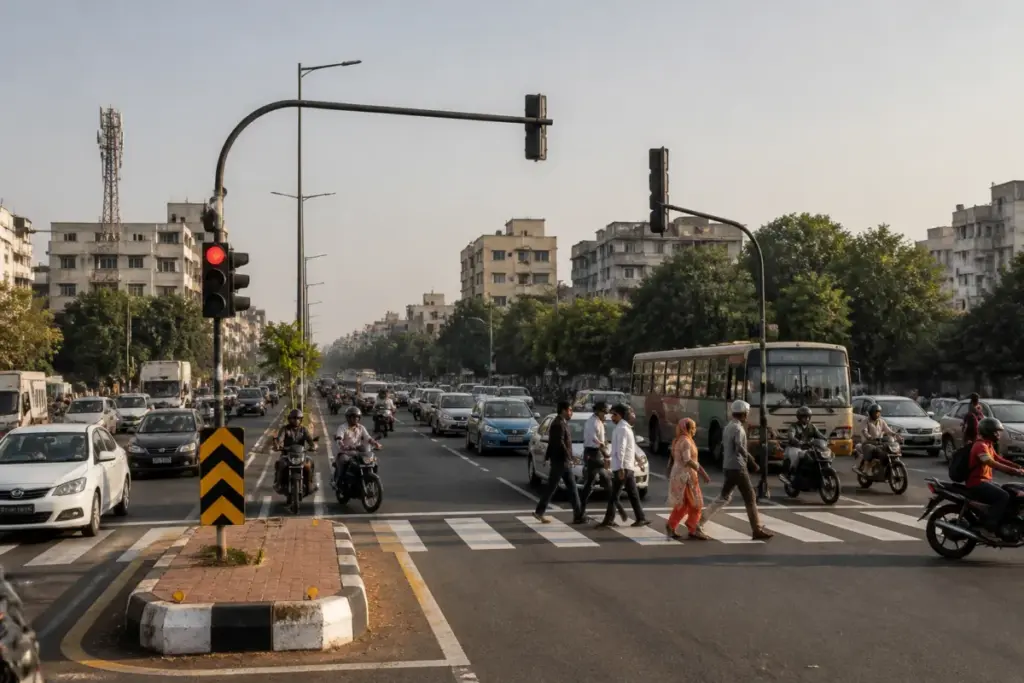 Nashik junction improvement plan showing a busy city intersection with traffic signals and pedestrian facilities