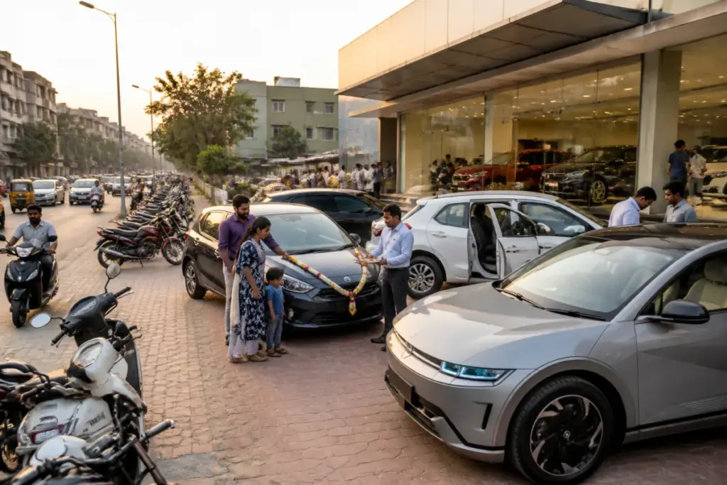 Gujarat vehicle sales with cars and two-wheelers at an urban dealership