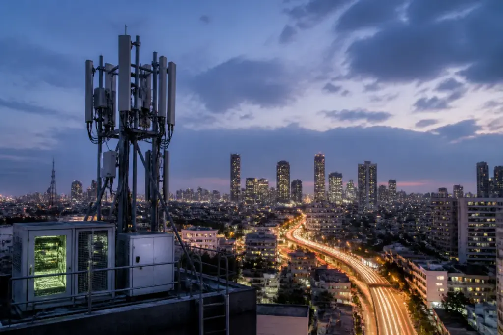 Jio IPO coverage with a telecom tower and urban digital infrastructure in India