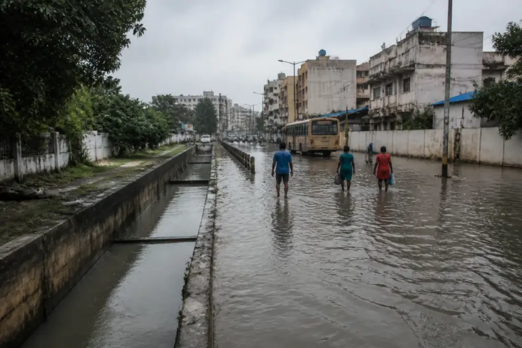 Chennai flood risk near a stormwater drain and low-lying urban road during the monsoon