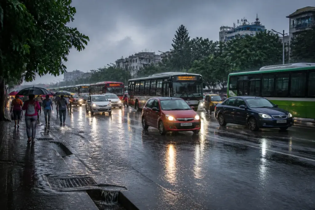 Heavy rain on a Chennai road during the Chennai orange alert