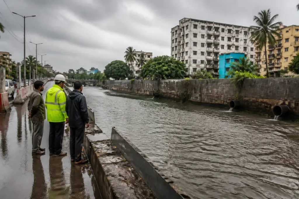 Chennai flood preparedness concerns near an urban waterway during monsoon rain