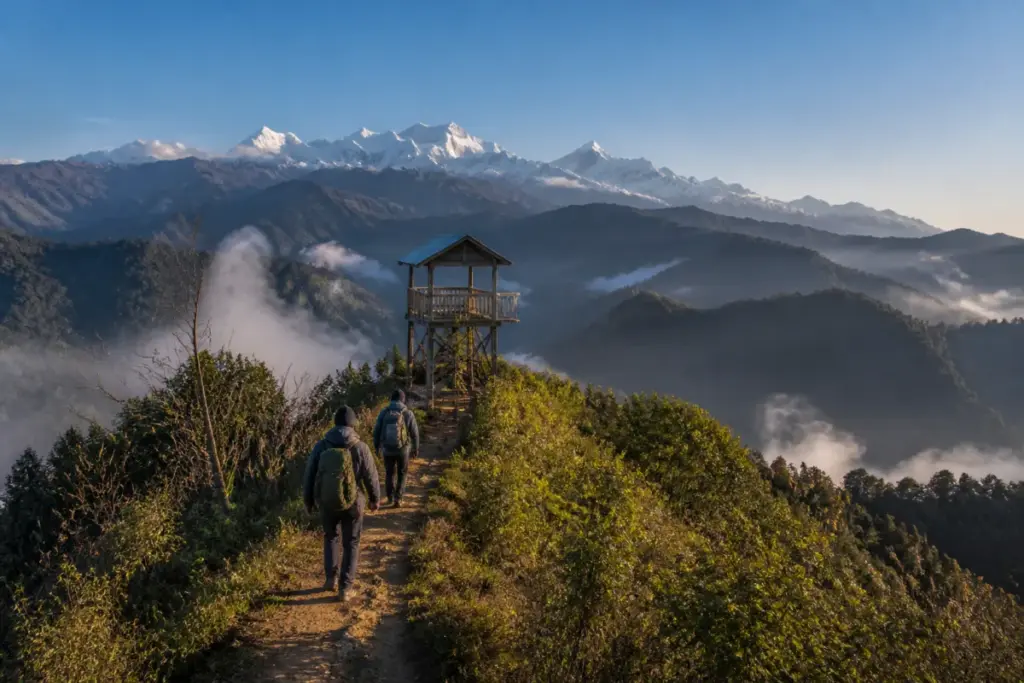 Rachela Peak trek through Neora Valley with Himalayan forest and distant Kanchenjunga views