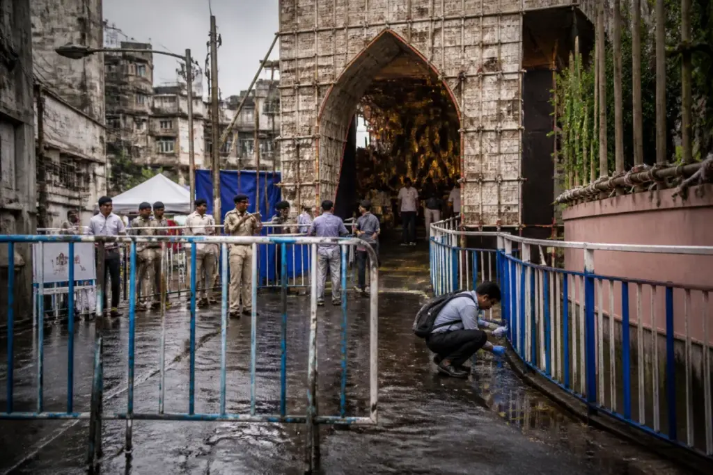 Police and barricades outside a Kolkata Durga Puja pandal after the Chorebagan stampede probe began