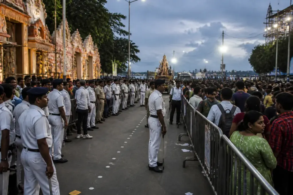 Police manage crowds near a Kolkata idol immersion route after the Chorbagan stampede.