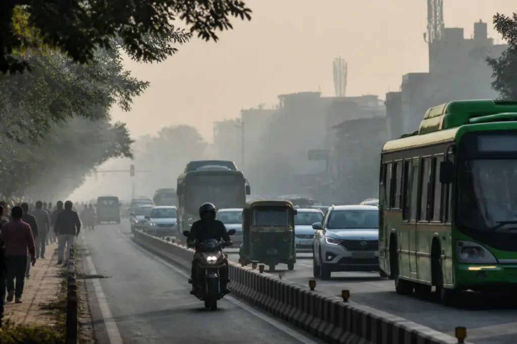 Delhi winter pollution measures near a congested road with buses and urban traffic