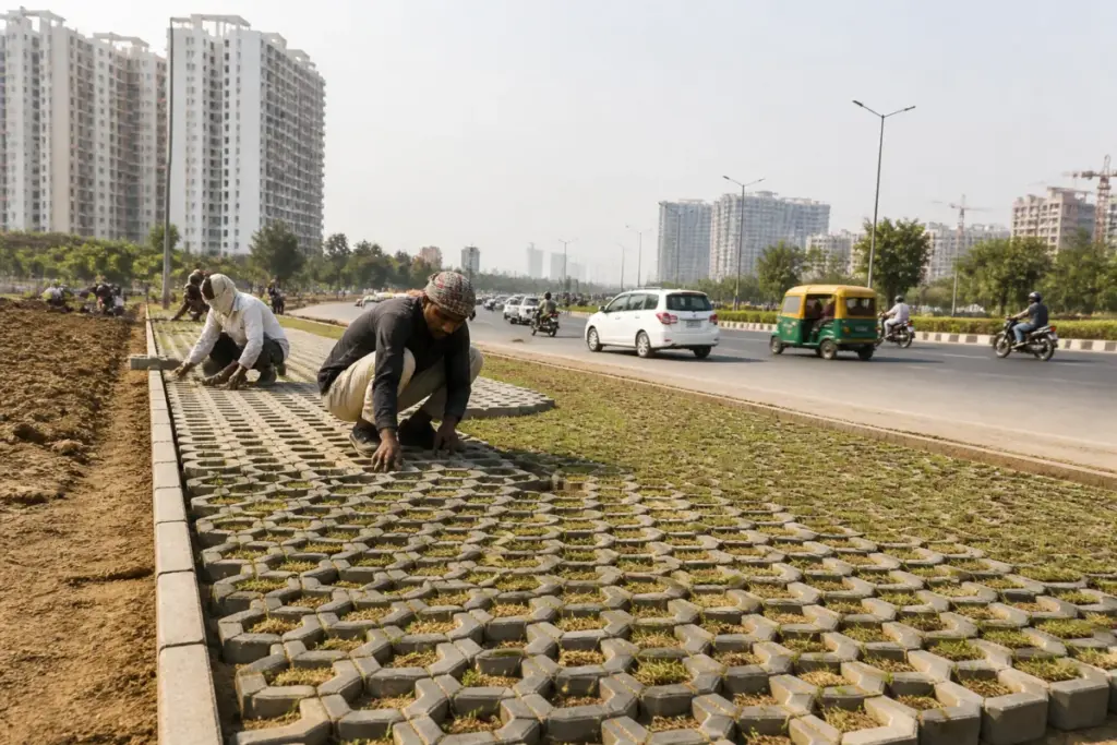 Greater Noida grass grids installed beside the 130-metre road to control dust and support greenery.