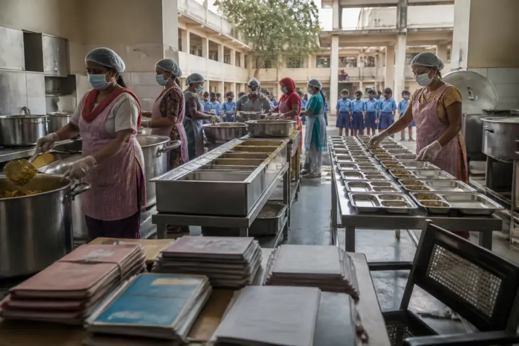Mid-day meal tender documents and a government school kitchen in Delhi