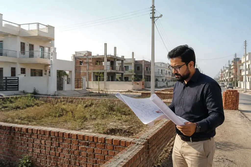 Greater Noida building plan approval documents being reviewed for a small residential plot