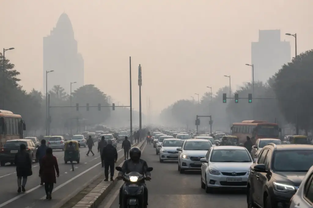 Delhi AQI haze over a city road with commuters and buildings under a winter sky