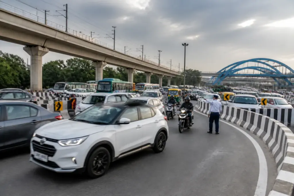 DND intersection closure plan with traffic moving near a U-turn on the Noida-Akshardham route
