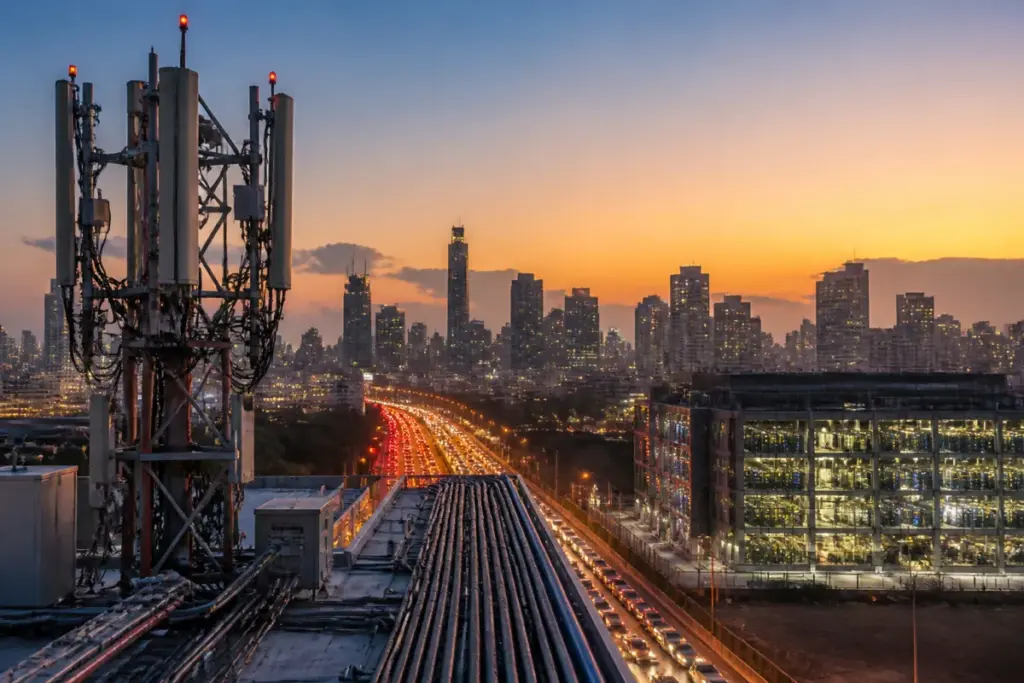 Jio IPO coverage with a telecom tower and urban digital infrastructure in India