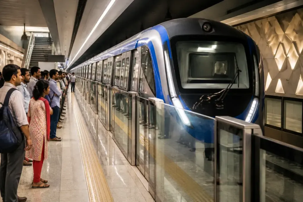 Chennai Metro Phase II driverless train arriving at a modern underground station