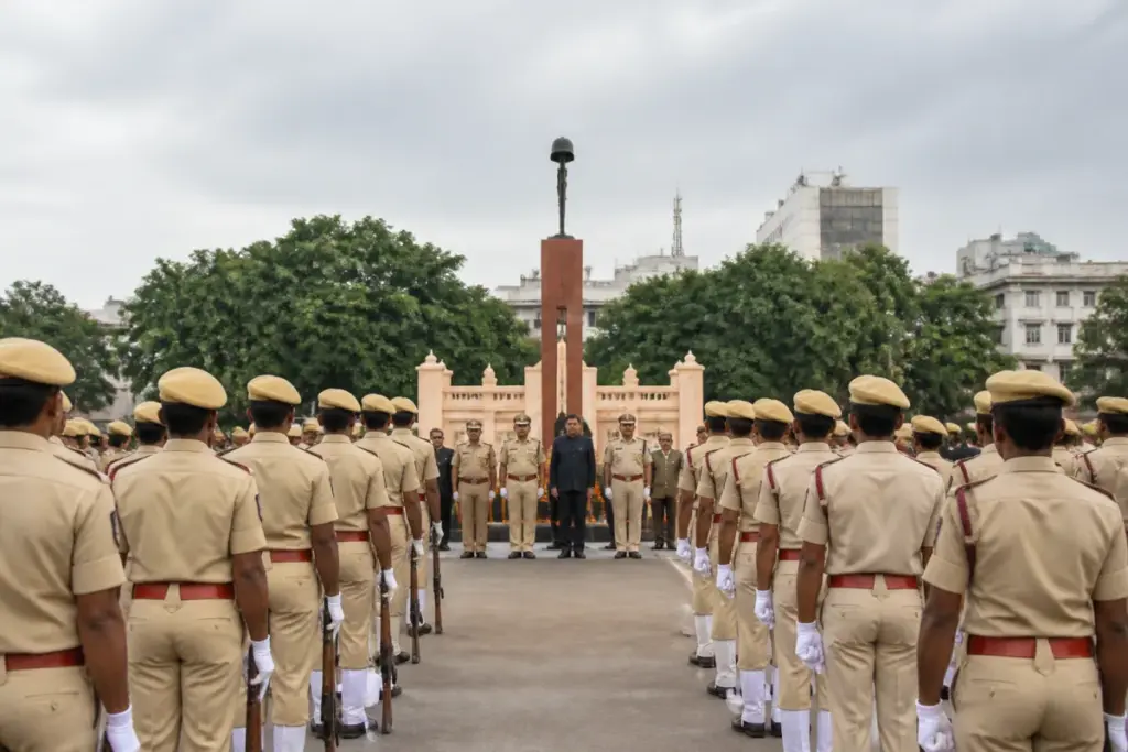 Telangana police personnel at a Hyderabad commemoration parade